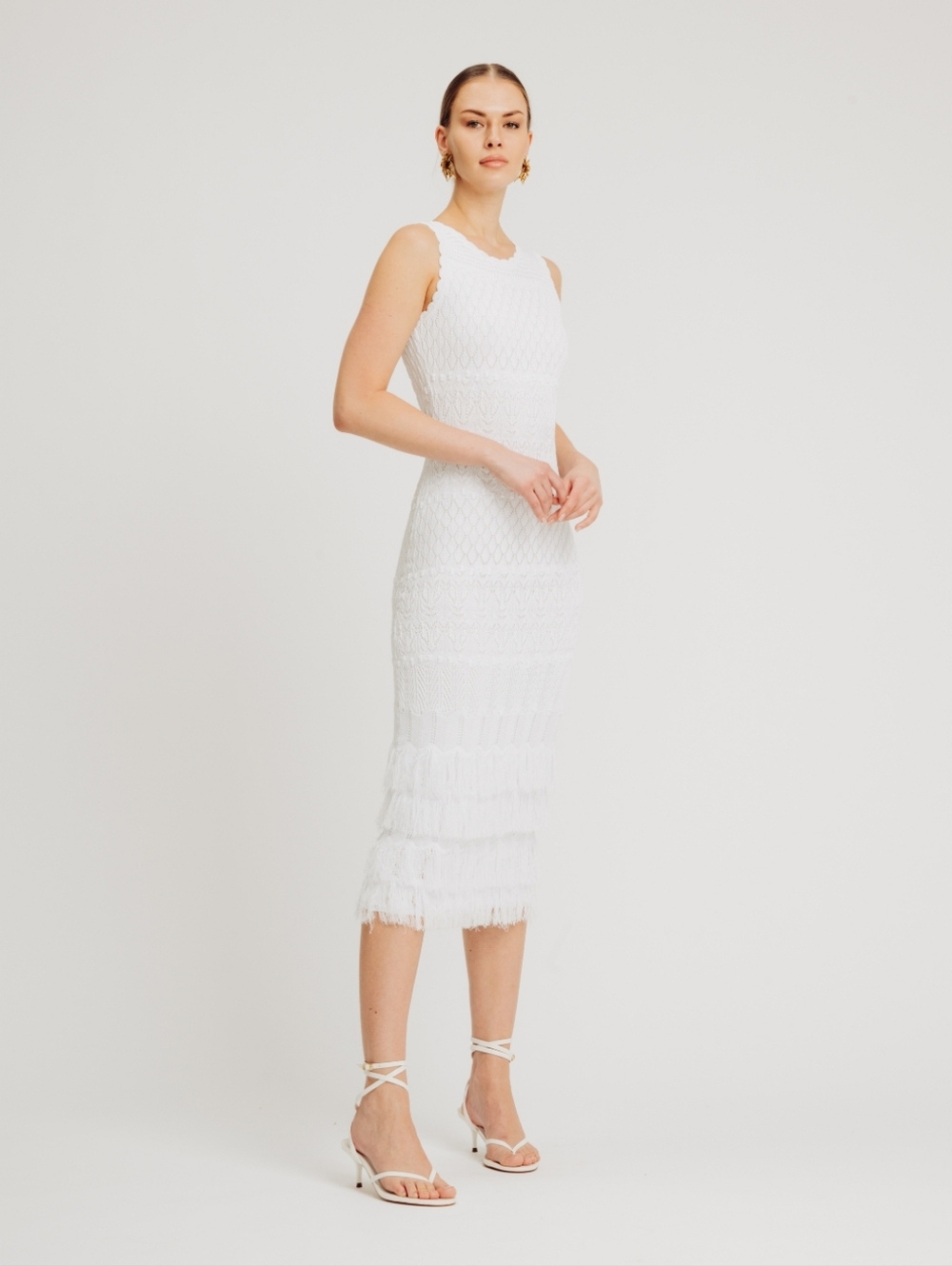 Torn By Ronny Kobo White Sleeveless Crochet Midi Dress - Classic Elegant  NWT